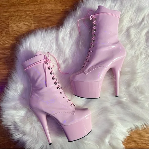 🌸 {nib} Pleasers Adore 7” Stiletto Lace-Up Ankle Boot Heels 12 - Picture 2 of 13